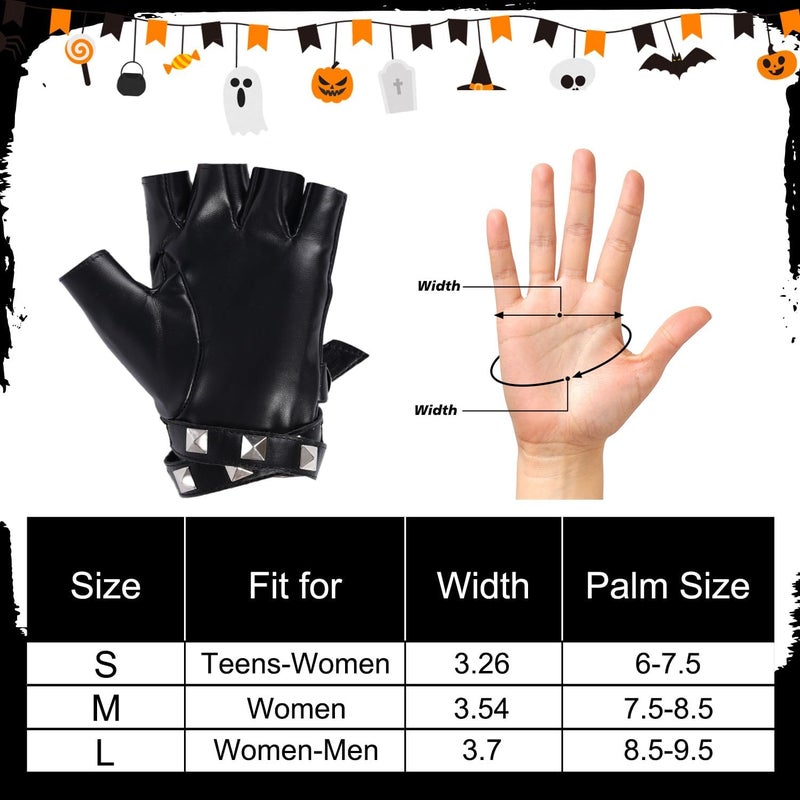 FAYBOX Black Leather Fingerless Gloves for Women Teens, Halloween Costume Accessories Belt Up Half Finger Gloves - Image 4